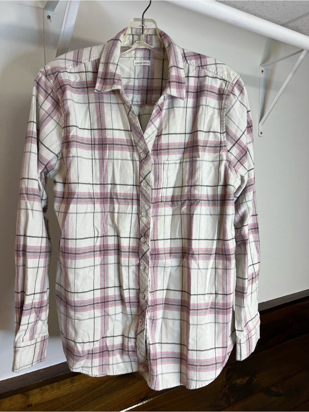 Weatherproof Wash Plaid Long-Sleeve Shirt - White & Light Pink- M